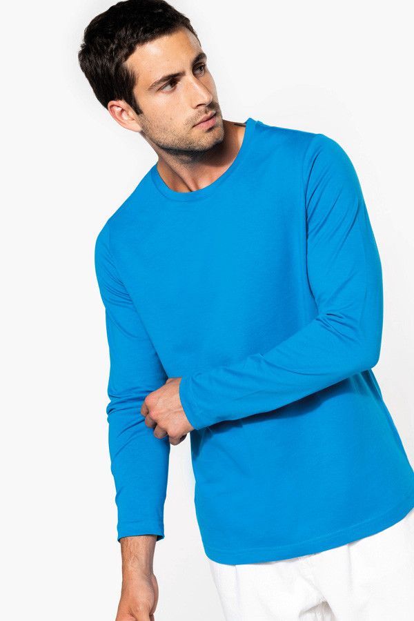 T-shirt manche longue personnalisable en coton - Couleur bleu - Porté par un homme - Vue de face - Marque Kariban
