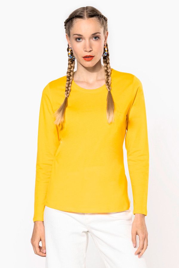 T-shirt personnalisable en coton - Coupe femme - Manches longues - Couleur jaune - Vue de face - Marque Kariban
