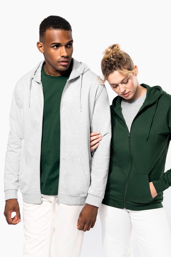 Sweat-shirt personnalisable zippé à capuche. Coupe unisexe porté par un homme et une femme. Vue de face - Marque Kariban